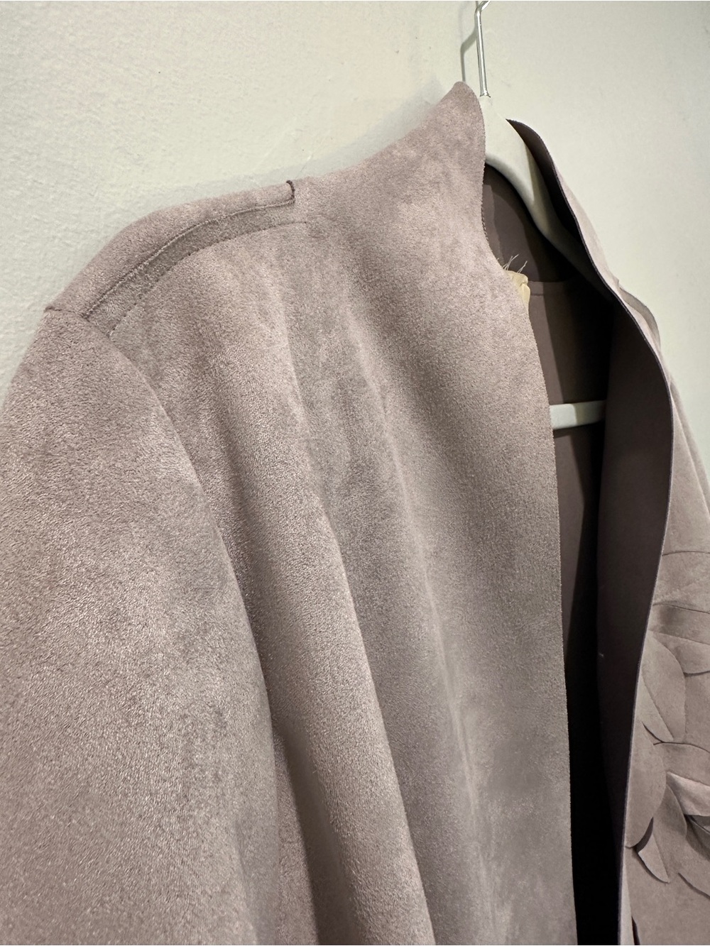 Taupe Faux Suede Floral Appliqué Duster Jacket - Picture 4 of 6